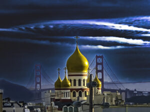Golden Gate Bridge Holy Virgin Cathedral Morning Sunrise San Francisco Avia Cosmica UFO Psychedelic