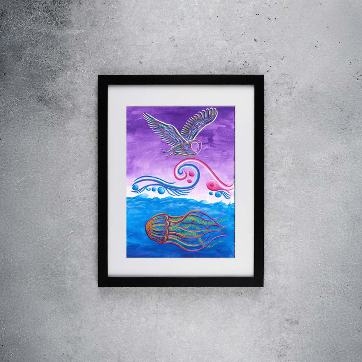 Jelly Jellyfish Owl Purple Blue Ocean Sky Waves Oil On Canvas Created by Gina Senegor