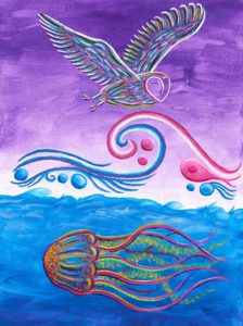 Jelly Jellyfish Owl Purple Blue Ocean Sky Waves Oil On Canvas Created by Gina Senegor
